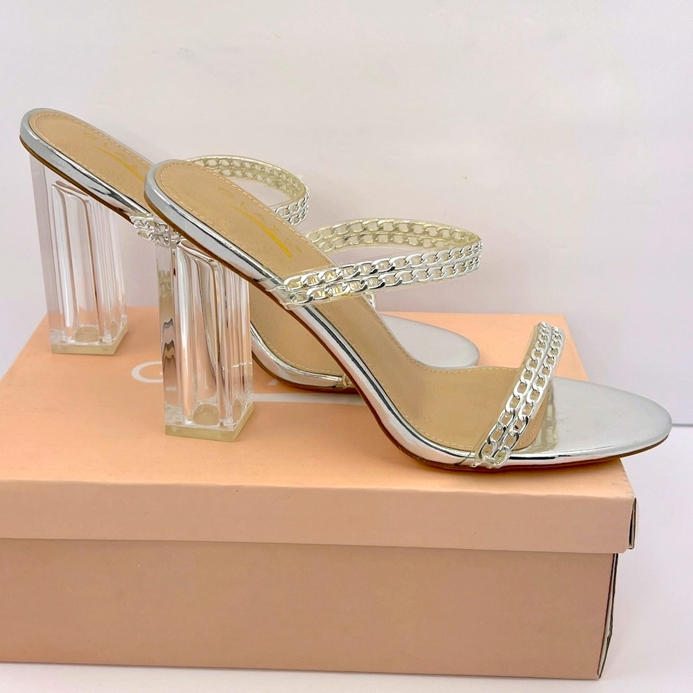 GLAZE SILVER CHAIN STRAPPY SANDALS, ALL MAN-MADE MATRIAL, WOMEN’S SIZE 10 - Picture 7 of 17